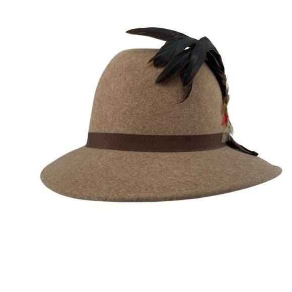 Vintage Knox Custom Felt Fedora Hat with Feather Accent Tan Wool Made in USA - Picture 2 of 10